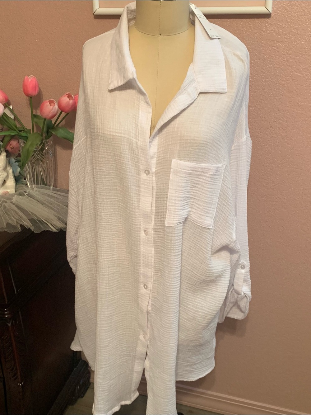TAHITI NWT Women's White Button-Down Gauze Shirtdress